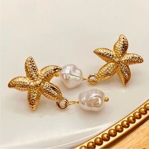 Gold Textured Starfish Faux Pearl Dangle Drop Earrings